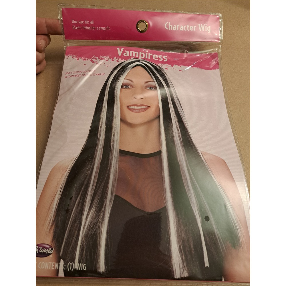 Fun World Vampiress Wig Black White Streaks Long Straight Costume Accessory 9251